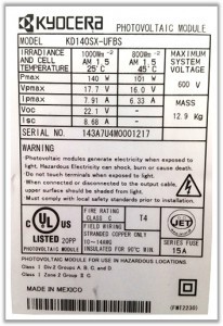 Solar panel label with STC ratings