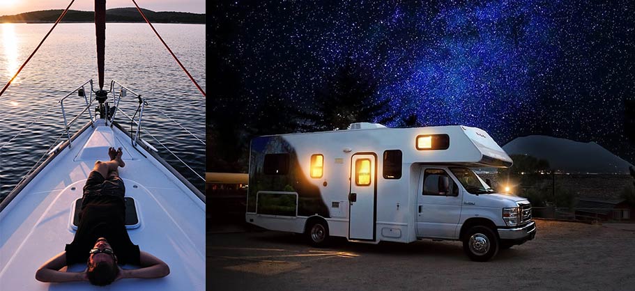 on the left, a man relaxing on a boat. on the right, an RV with lights on inside at night